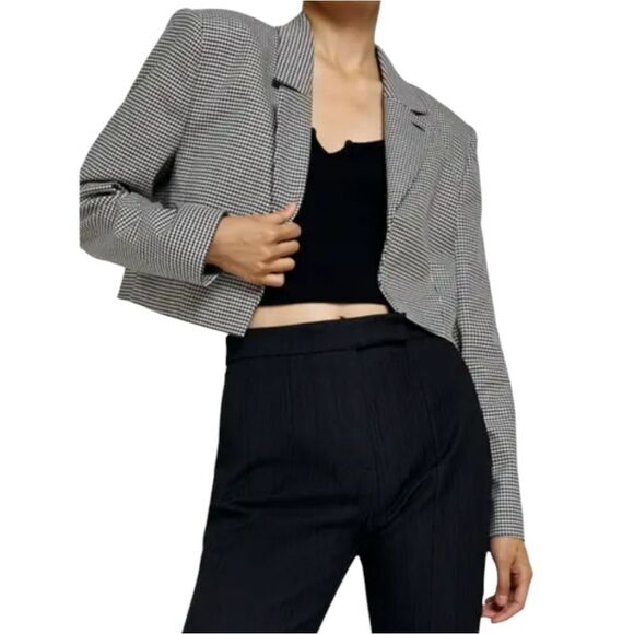 River Island Houndstooth Check Cropped Ioen Front Blazer Size 8 - Picture 1 of 7